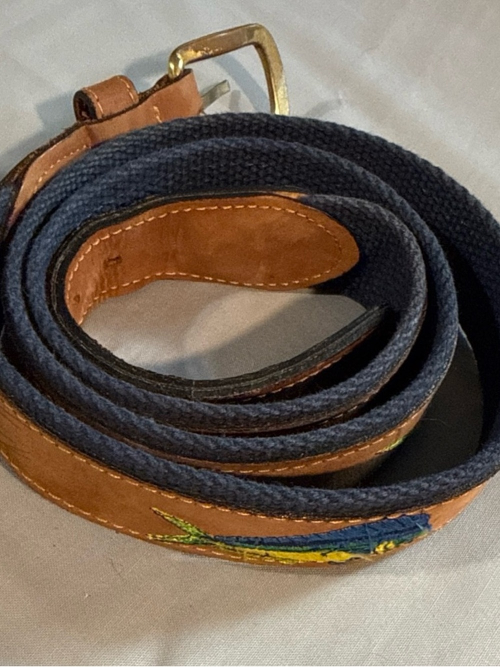 Navy Canvas and Tan Leather Belt Mahi-Mahi Dolphin Fish Emroidery Brass Buckle